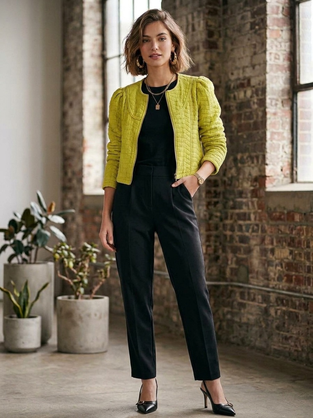 7 For All Mankind Chartreuse Quilted Cropped Puff Sleeve Jacket Small